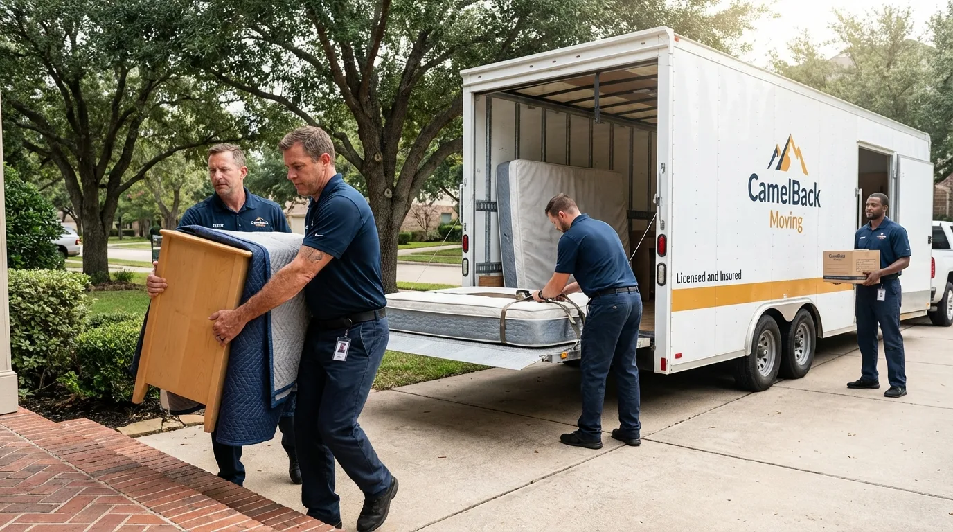 Crew loading residential truck for cross-state move from Ina, IL
