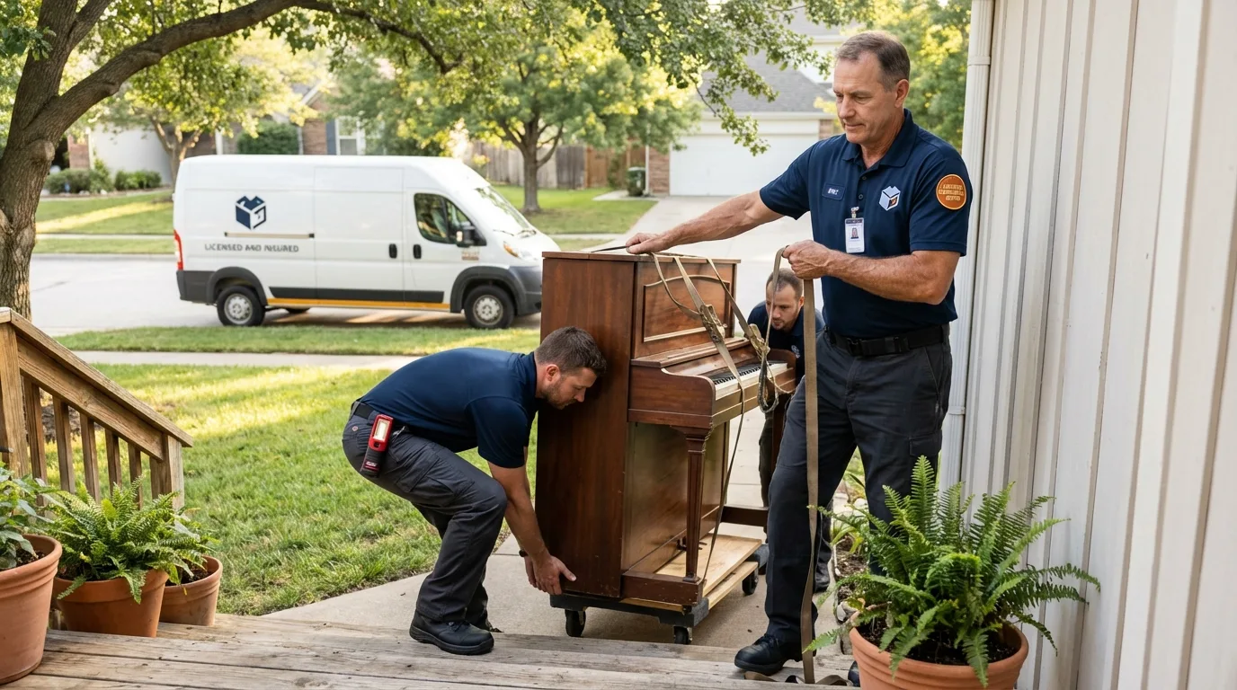 Licensed piano movers securing grand piano in Ina, IL