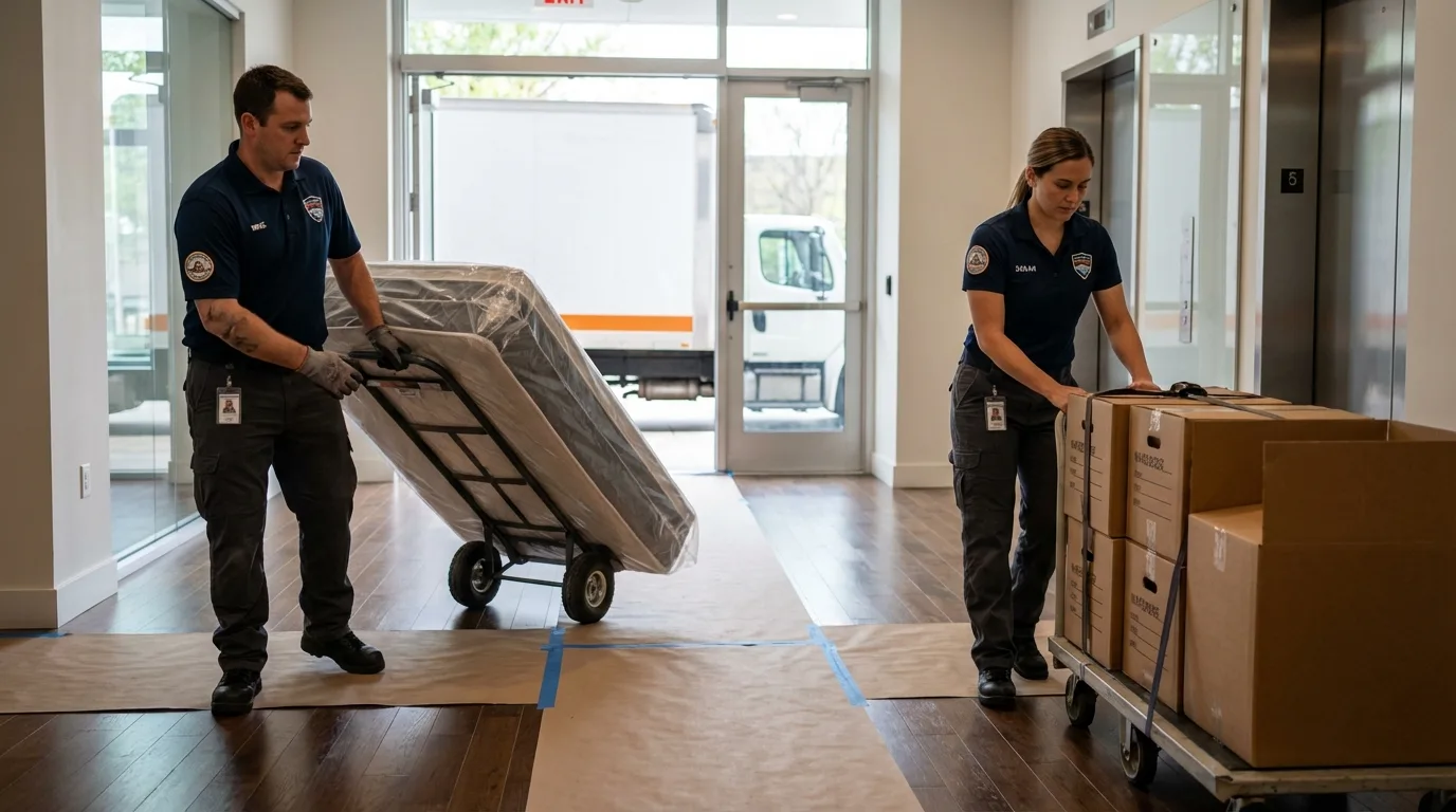 Professional apartment movers loading elevator in Ina, IL